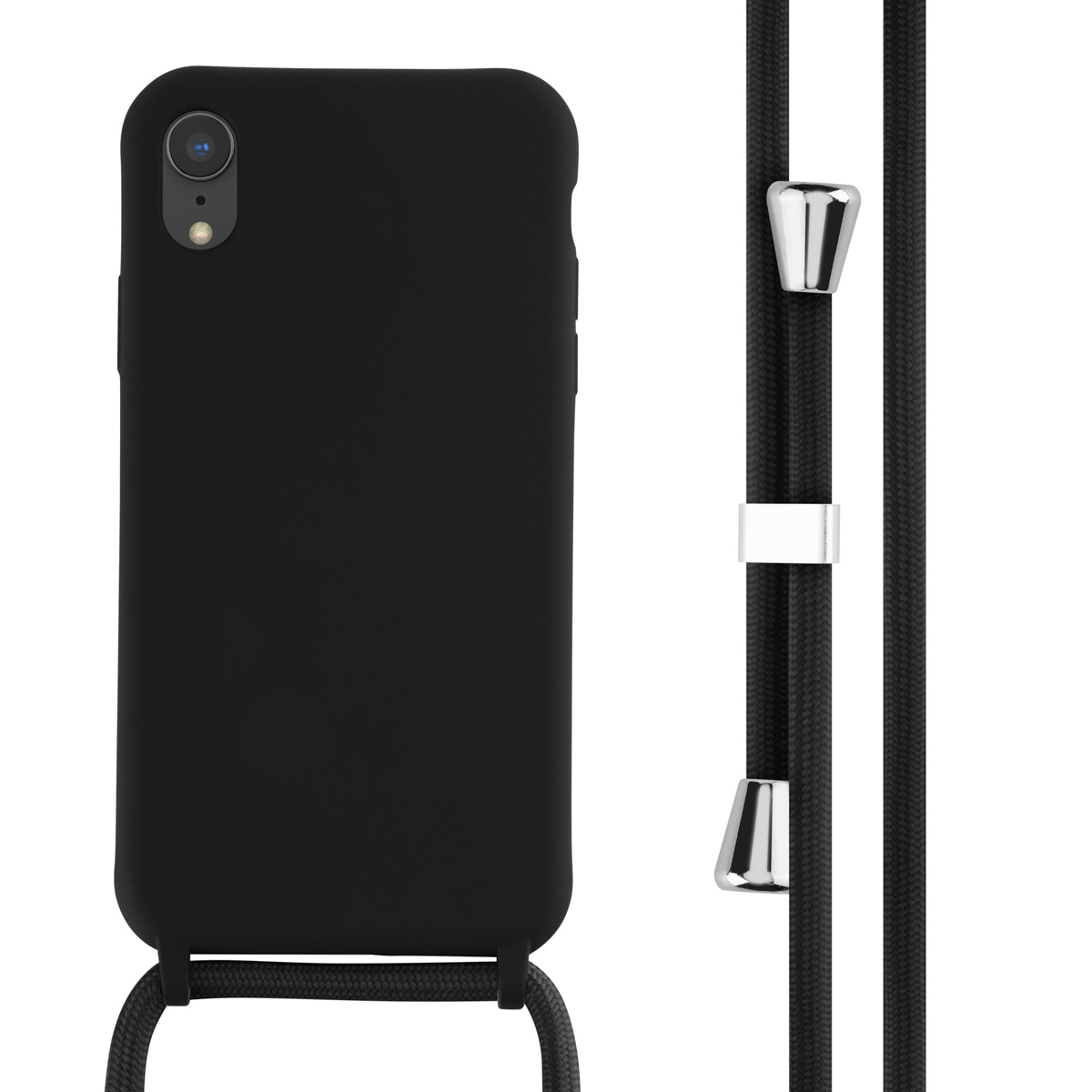 Coque de téléphone noire avec cordon noir. Le cordon a des détails métalliques.