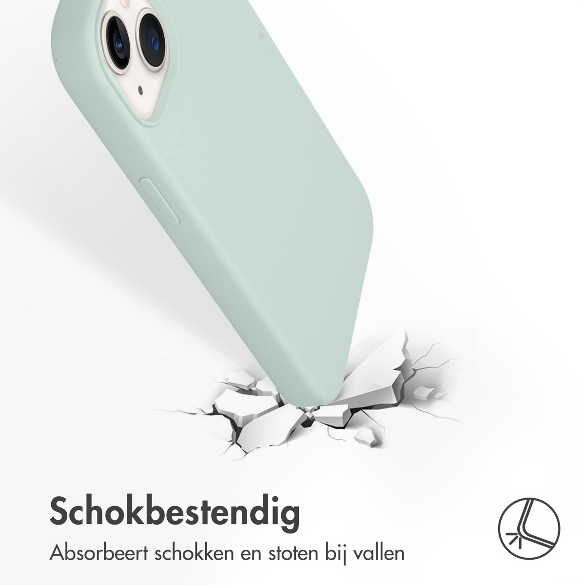 Een lichtgroene telefoonhoes lijkt te vallen, met scheuren op de grond. Tekst onderaan.