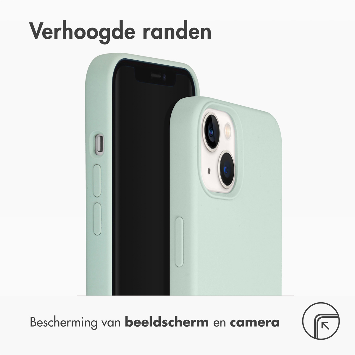Mintgroene telefoonhoes en telefoon. De hoes heeft verhoogde randen om het scherm en de camera te beschermen.