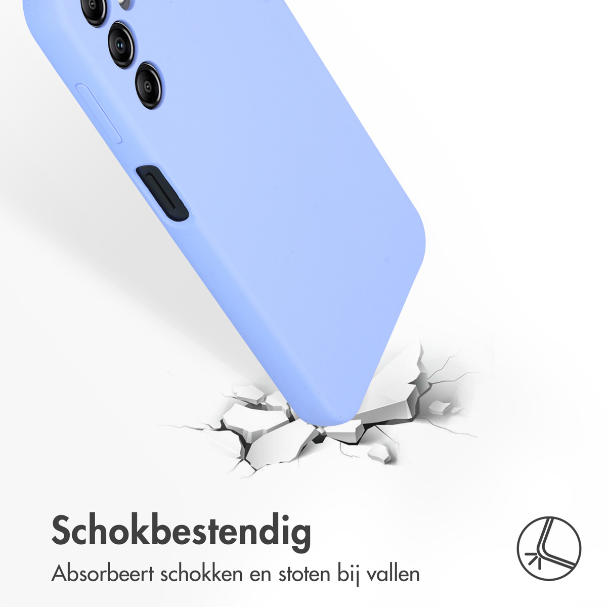Blauwe telefoonhoes met een telefoon die op een oppervlak valt. Schokbestendig ontwerp.
