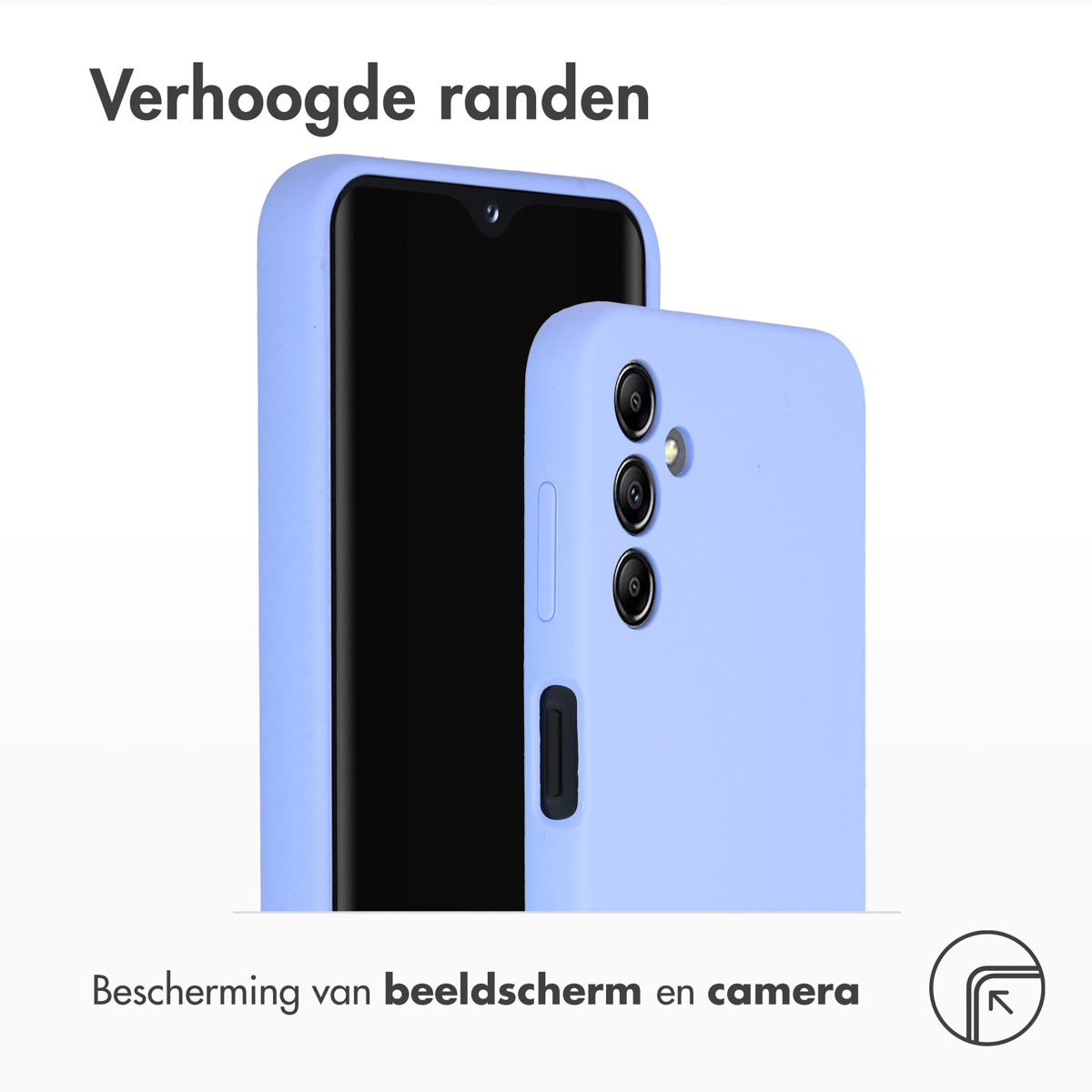 Telefoon in een lichtblauwe hoes. De telefoon staat naast de hoes. De hoes heeft verhoogde randen.
