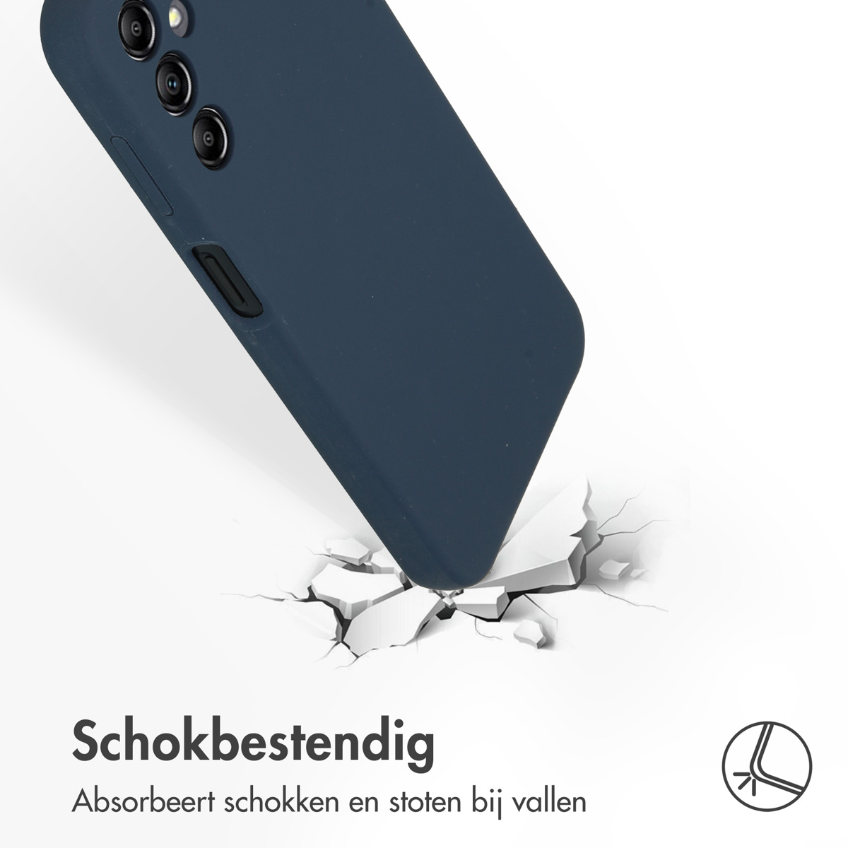 Donkerblauwe telefoonhoes met een vallende telefoon. Schokbestendig ontwerp.
