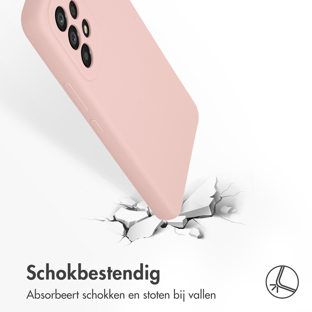 Roze telefoonhoes. De telefoonhoes is naar beneden gericht, met witte lijnen op de grond eronder.