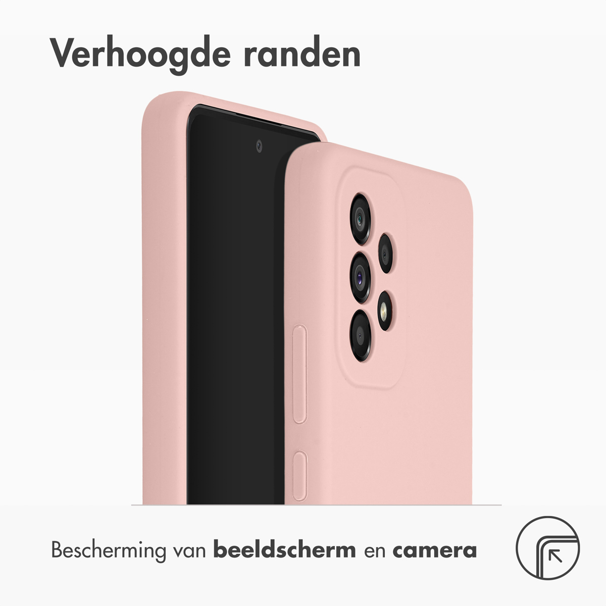 Roze telefoonhoes met zwarte telefoon. Verhoogde randen beschermen scherm en camera.