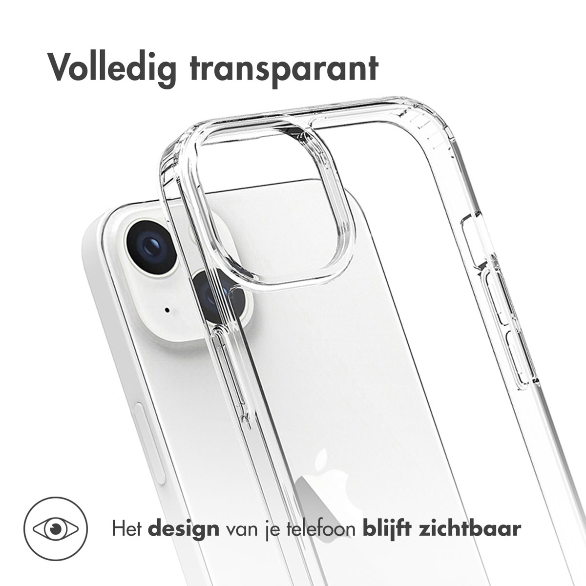 Een telefoon met een transparante hoes. Het ontwerp van de telefoon is zichtbaar.