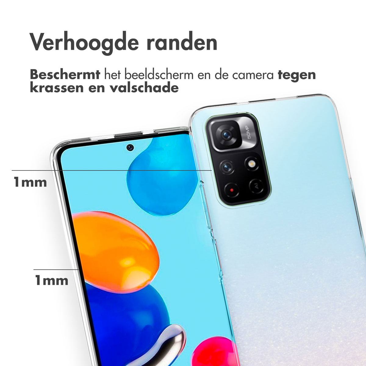 Téléphone dans un étui transparent. L'étui a des bords surélevés pour protéger l'écran et la caméra des rayures.