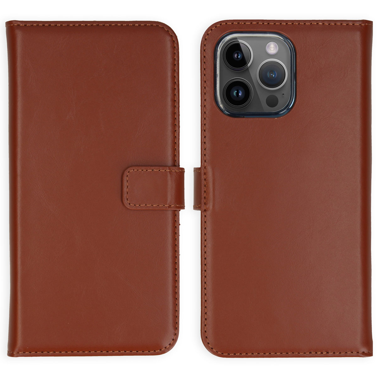 Étui de téléphone en cuir marron, ouvert et fermé, avec un téléphone à l'intérieur.