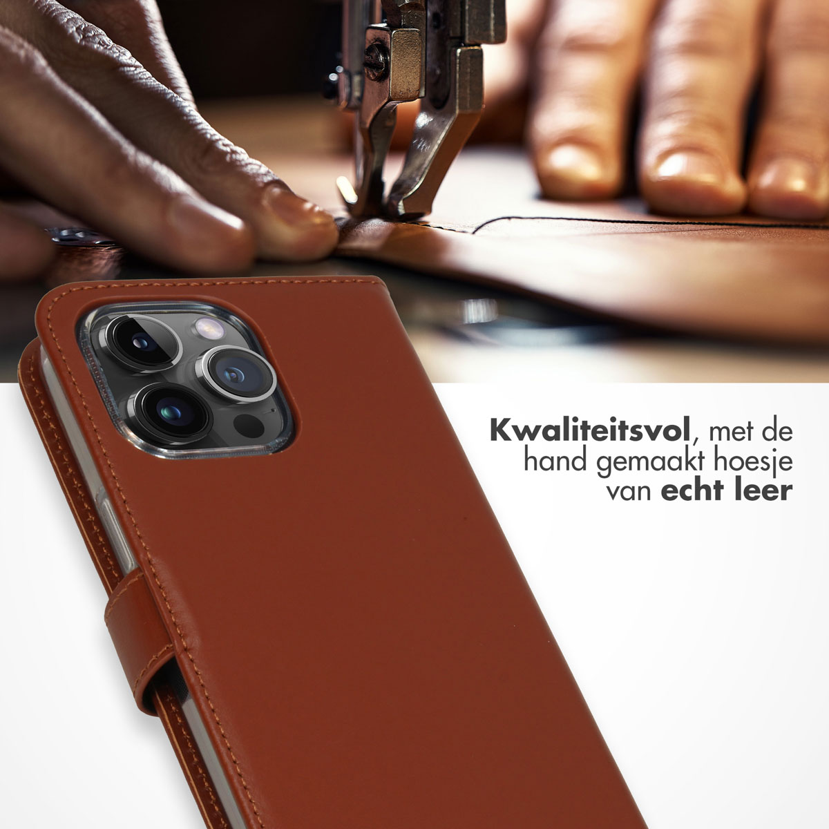 Un étui de téléphone en cuir marron en cours de couture. Étui de qualité fait main en cuir véritable.
