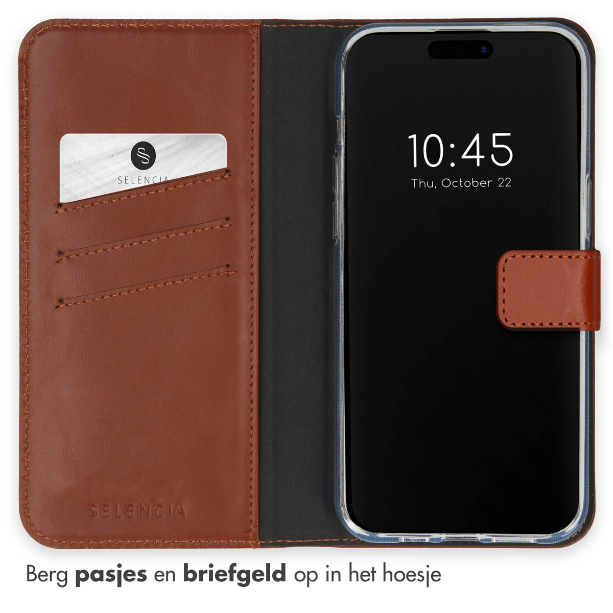 Étui de téléphone marron ouvert avec téléphone et emplacements pour cartes. L'heure.
