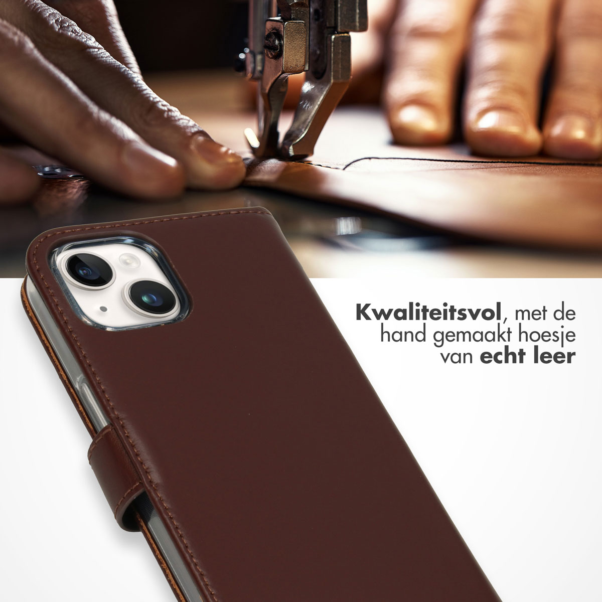 Eine braune Leder-Handyhülle wird genäht. Hochwertige, handgefertigte Hülle aus echtem Leder.