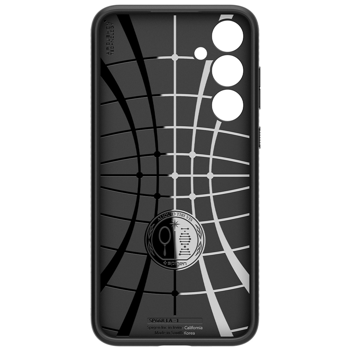 Czarny tył etui na telefon z szarym wzorem. Ma logo i tekst.