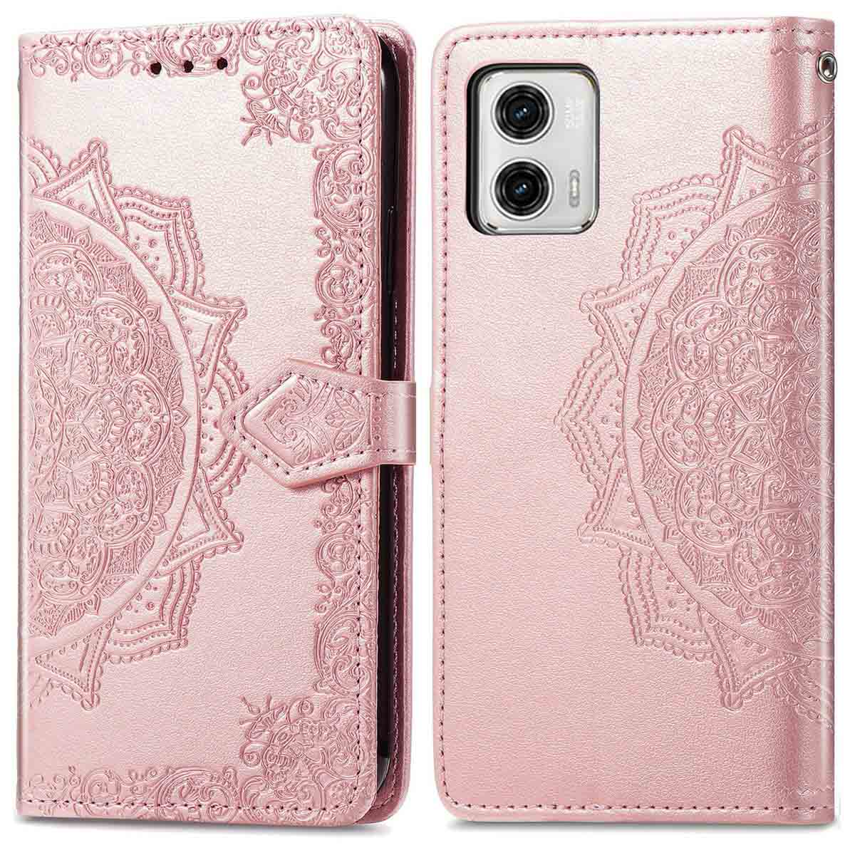 Roze telefoonportemonnee. Ingewikkeld bloemmotief. Open aan de linkerkant, telefoon rechts.