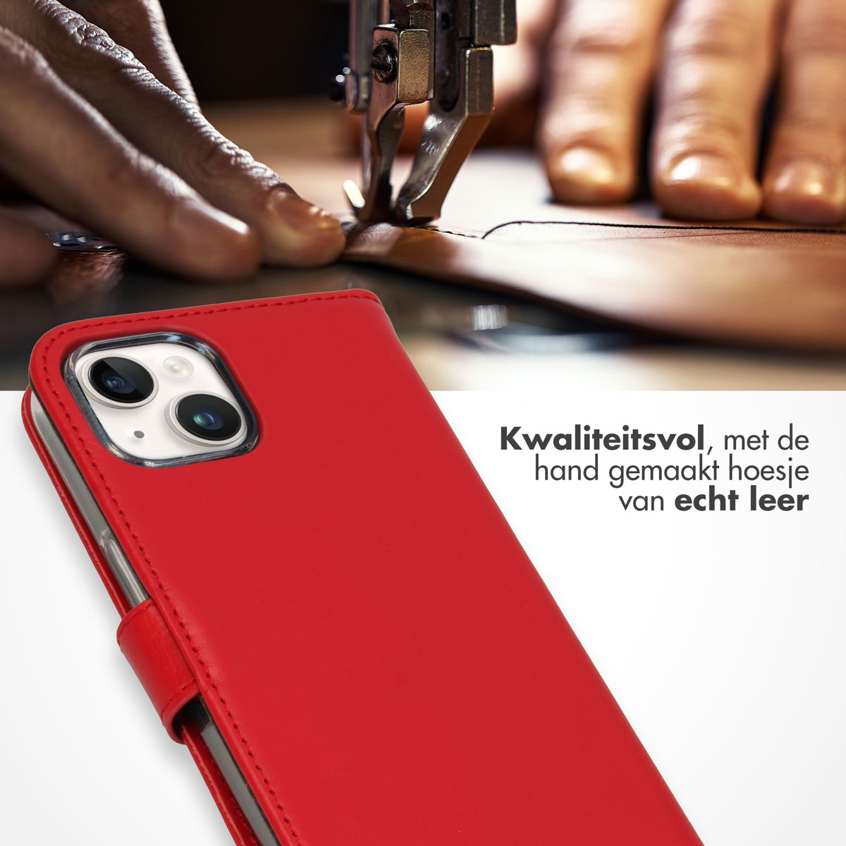 Rode telefoonhoes met telefoon erin en hand die leer naait. Tekst rechts.