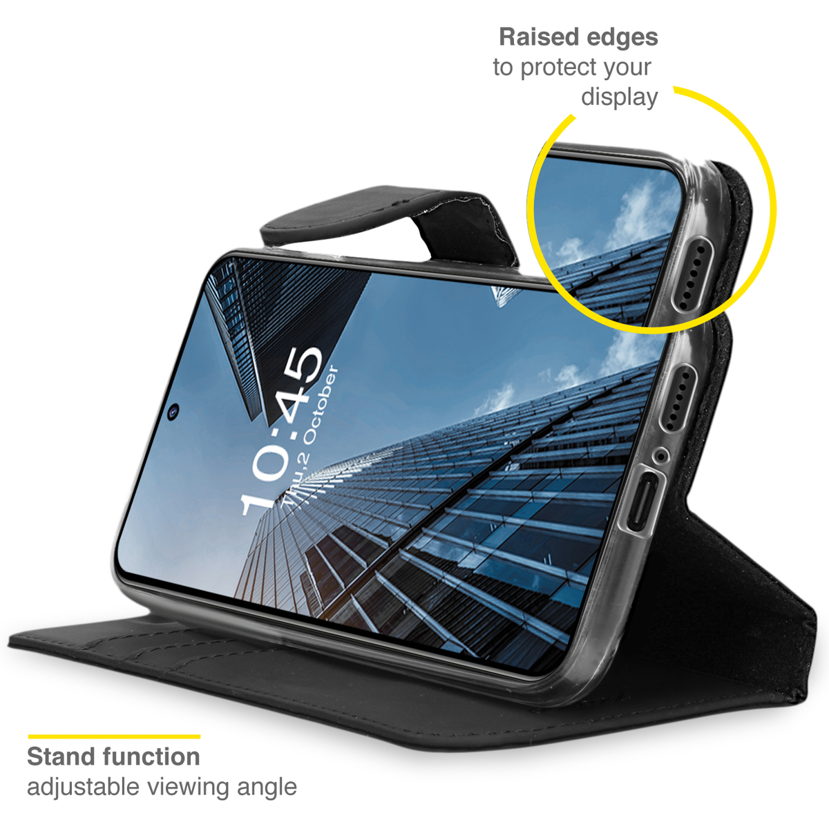 Custodia nera per telefono con telefono. Testo: Funzione supporto, angolo di visione regolabile. Lo schermo mostra un orologio.