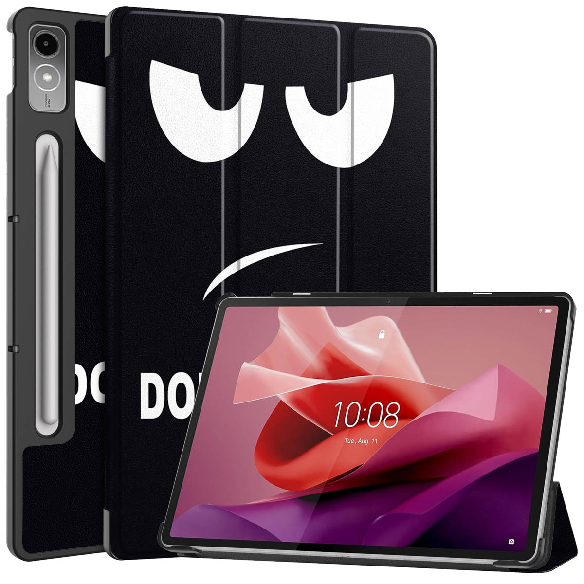 Un étui noir pour tablette avec un visage de dessin animé. La tablette est dans un étui.