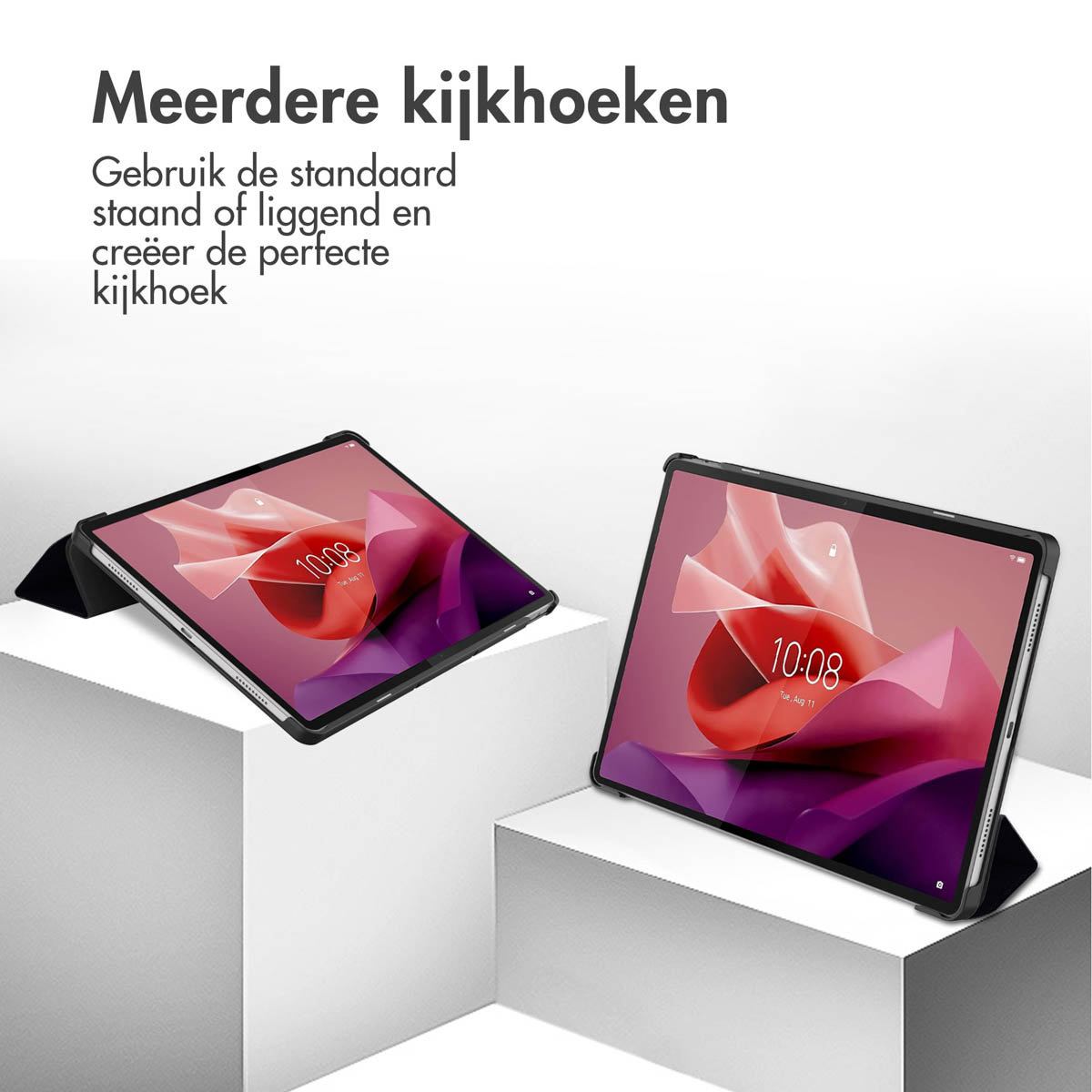 Tablette dans un étui, deux positions, verticale et inclinée. Les deux montrent un écran avec un design.