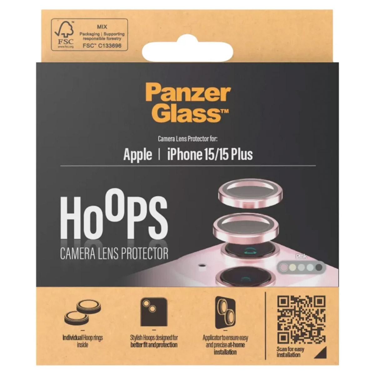 Doos met cameralensbeschermers. De beschermers zijn voor Apple iPhone 15/15 Plus.