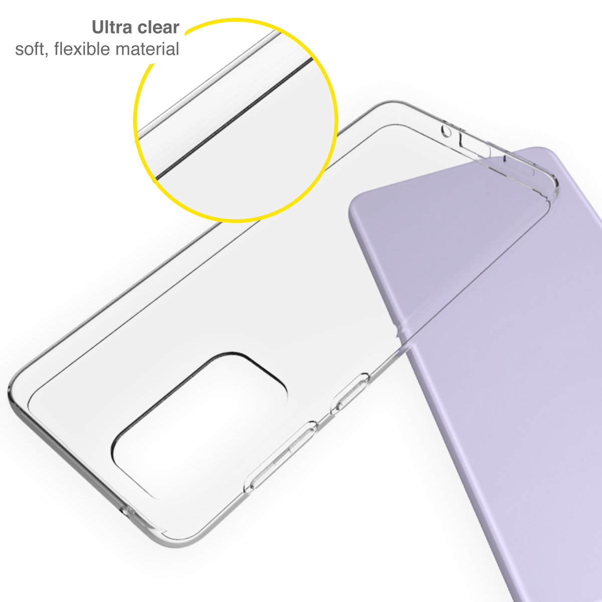 Custodia trasparente per telefono. Telefono viola parzialmente all'interno. Cerchio giallo.