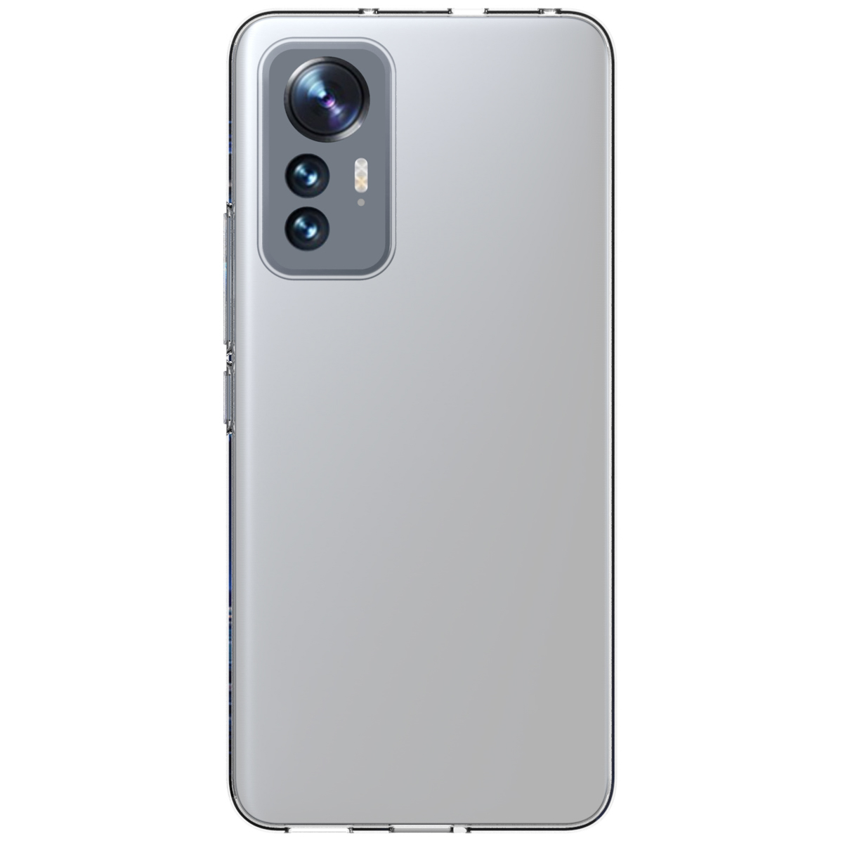 De achterkant van een zilveren telefoon met een cameramodule. Het heeft meerdere lenzen.