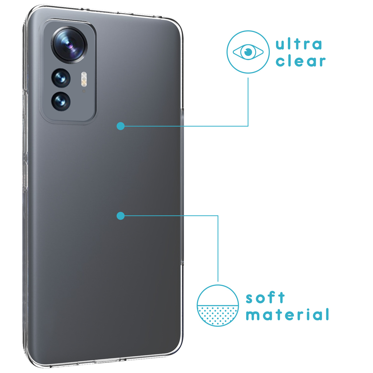 Telefoon in doorzichtige hoes, achteraanzicht. Tekst zegt ultra helder en zacht materiaal. Blauwe lijnen wijzen.