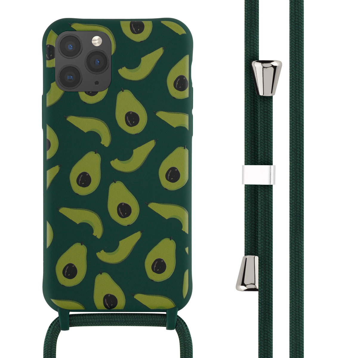 Una custodia verde con motivi di avocado e cinturino verde.