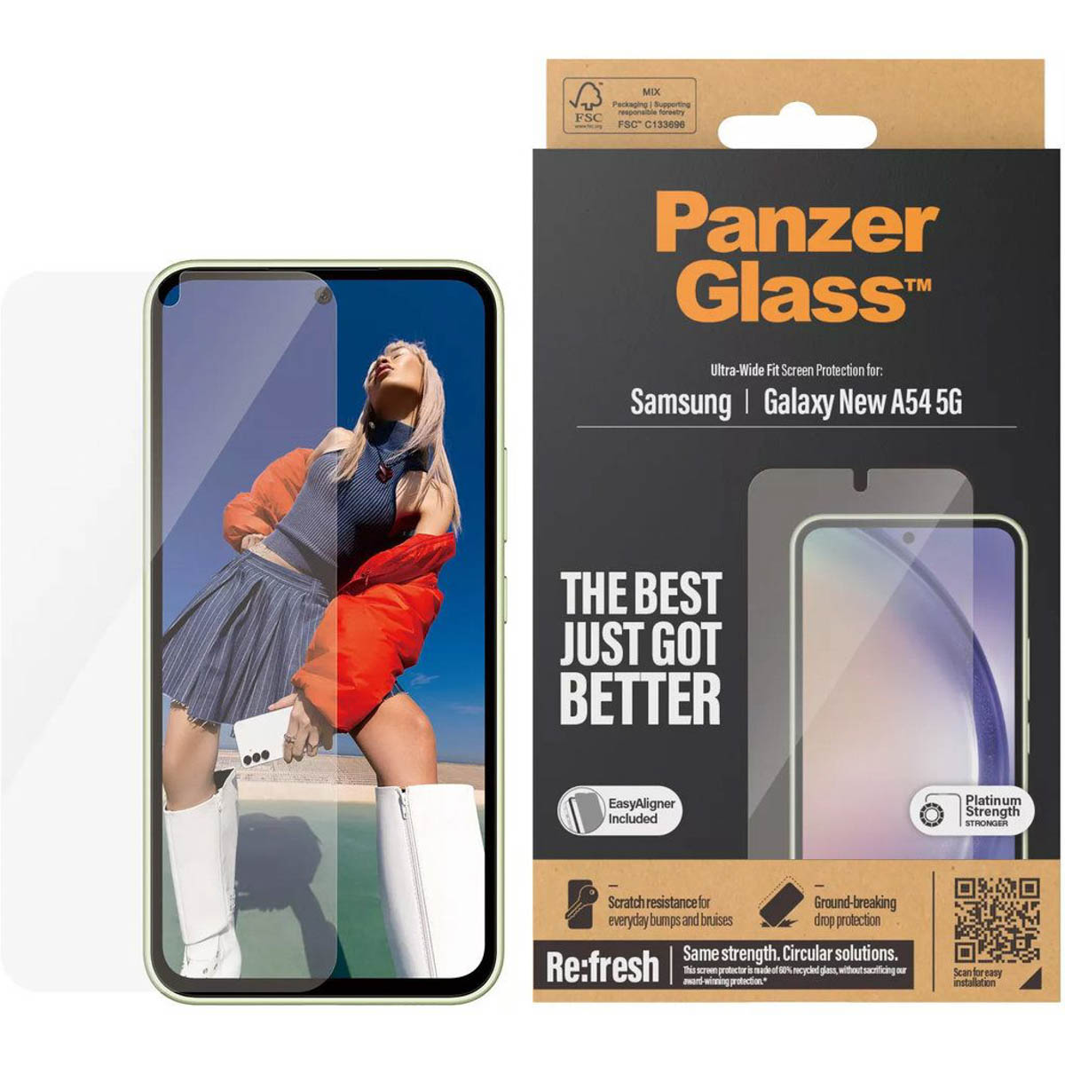 Phone screen protector with a phone. The screen shows a woman in a blue skirt and orange top.