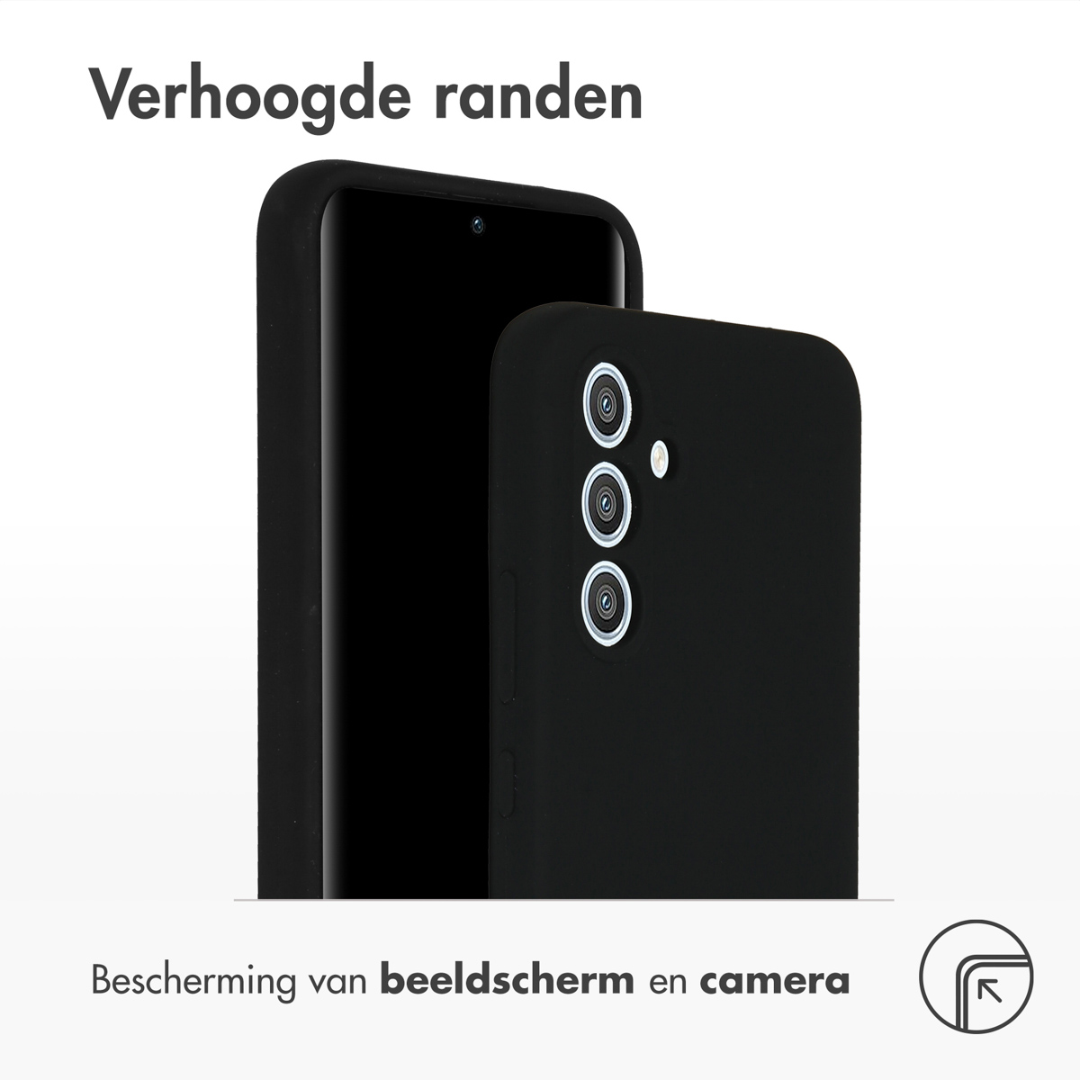 Téléphone noir avec une coque noire. Texte : Bords surélevés. Protection de l'écran et de la caméra.