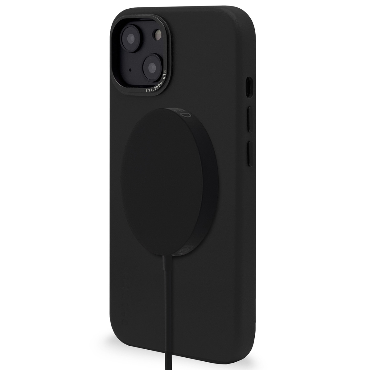 Telefono nero con caricatore circolare attaccato. Il telefono ha una fotocamera e pulsanti.