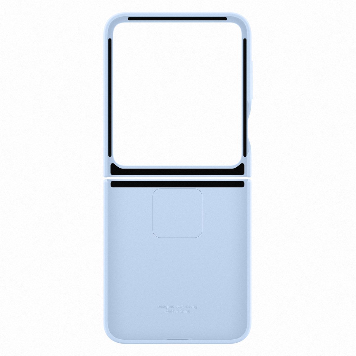Una funda de teléfono azul claro, abierta, con pantalla blanca. Líneas negras bordean la pantalla.