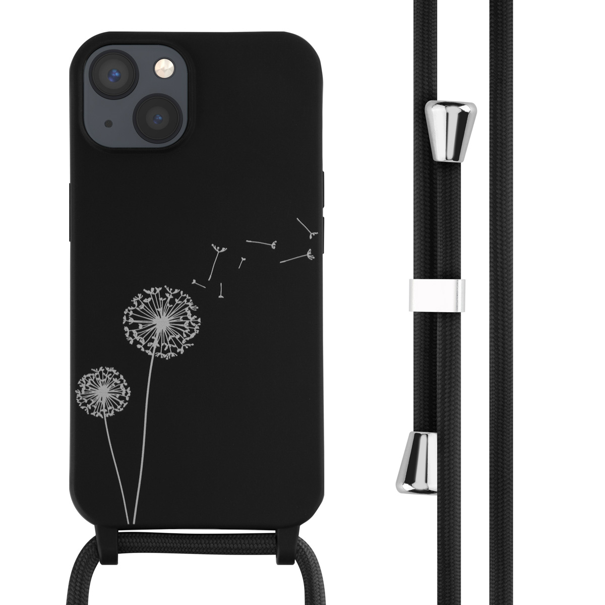 Zwarte telefoonhoes met paardenbloemdesign en een zwart telefoonsnoer.