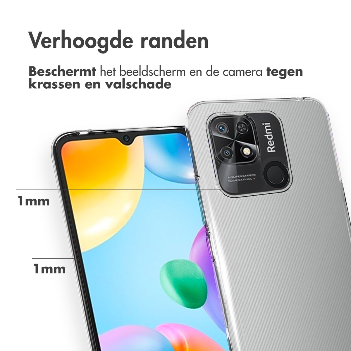 Téléphone dans une coque transparente, affichant écran et caméra.