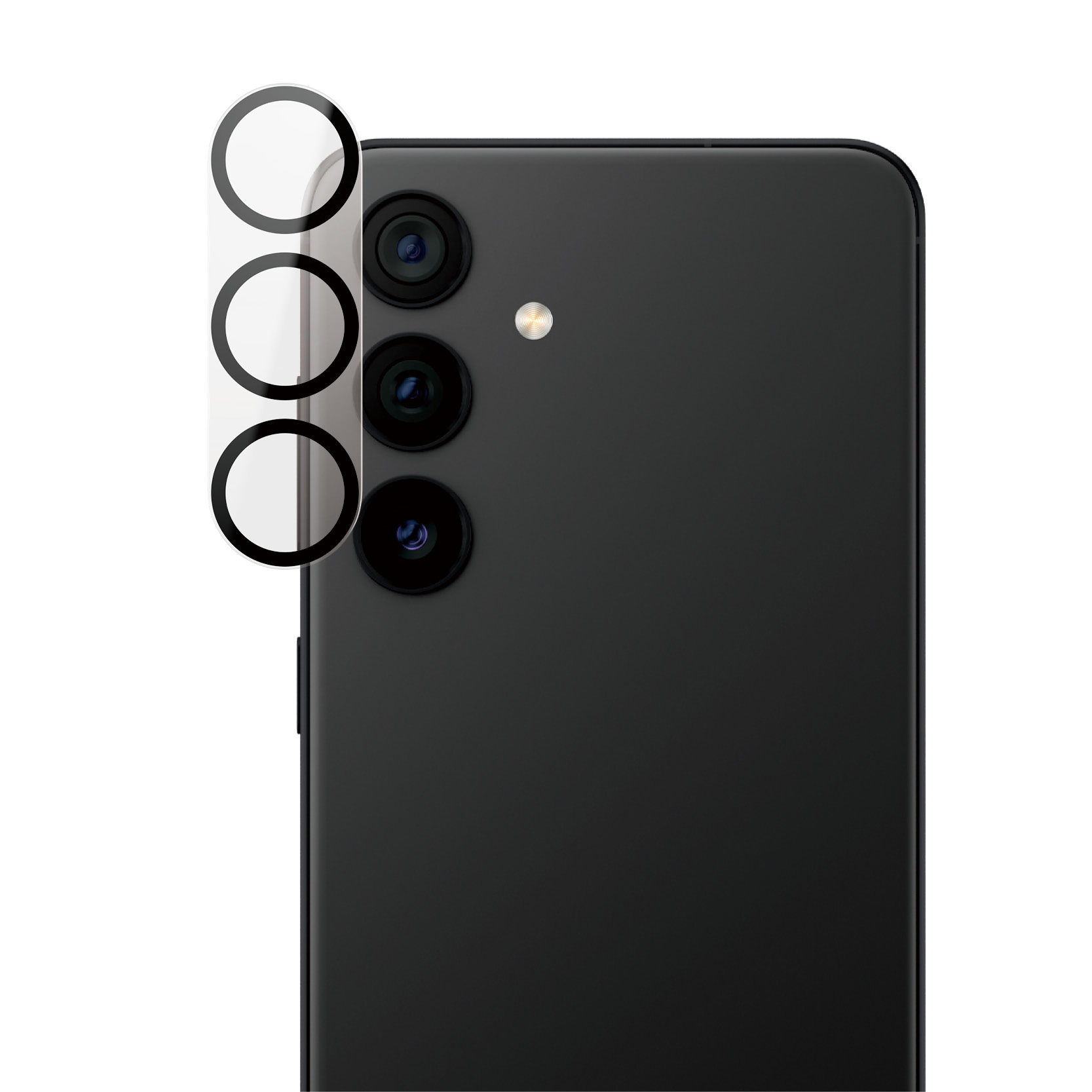 Telefoon met cameralensbeschermers op de achterkant. Drie beschermers zichtbaar.