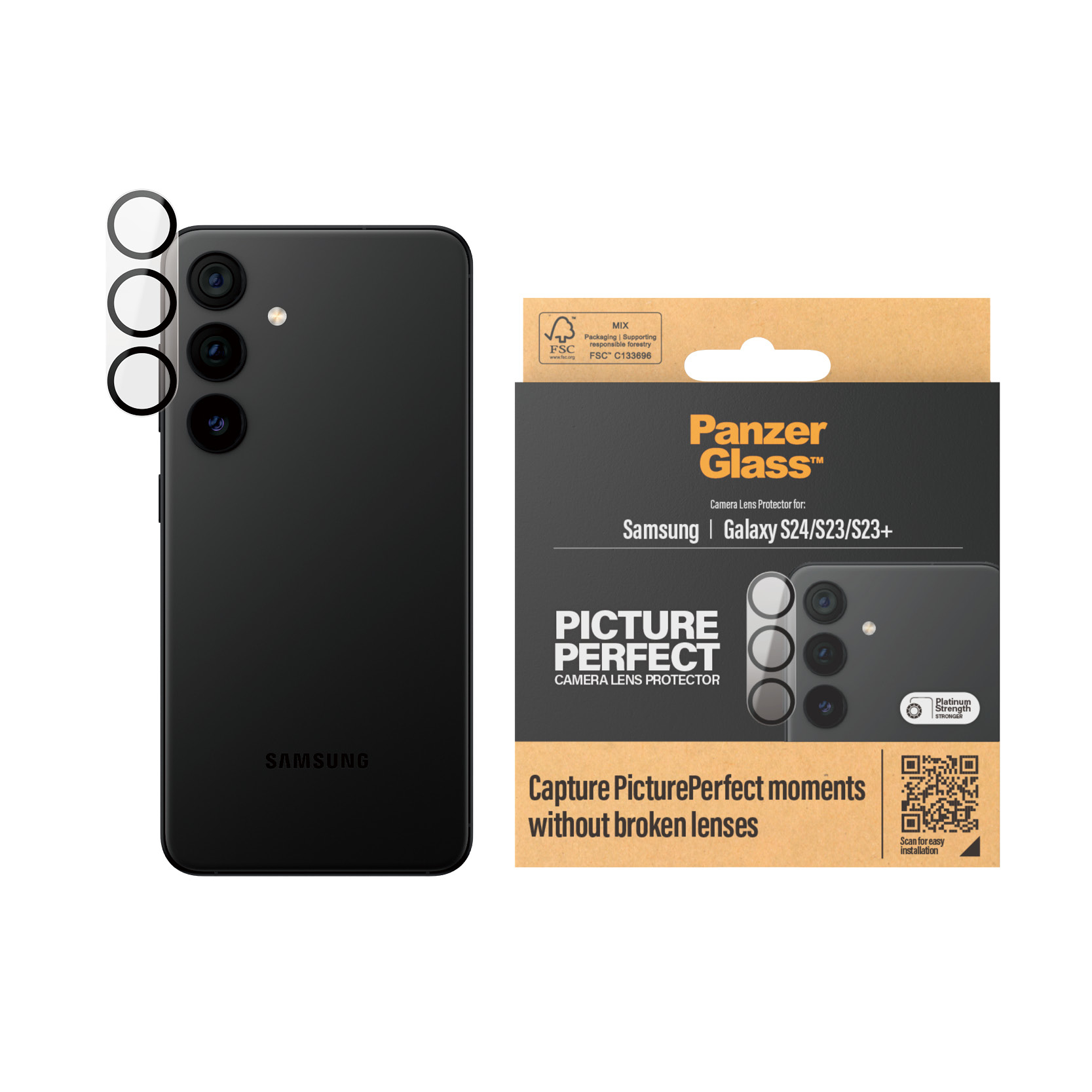Een telefoon met cameralensbeschermers en een productdoos.