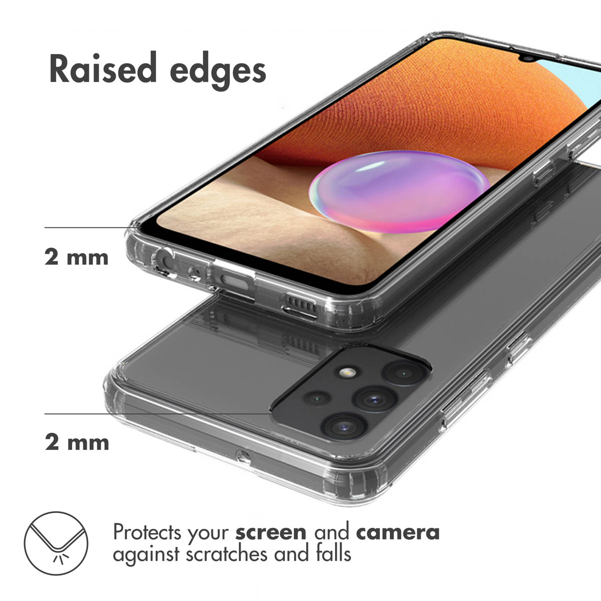 Coque de téléphone avec bords surélevés, protégeant l'écran et l'appareil photo. Le téléphone et la coque sont noirs.