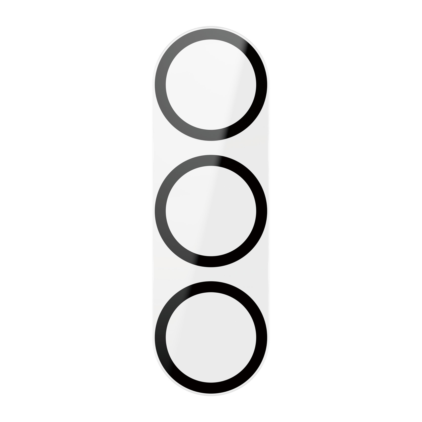 Drie witte cirkels met zwarte randen verticaal geplaatst op witte rechthoekige achtergrond.