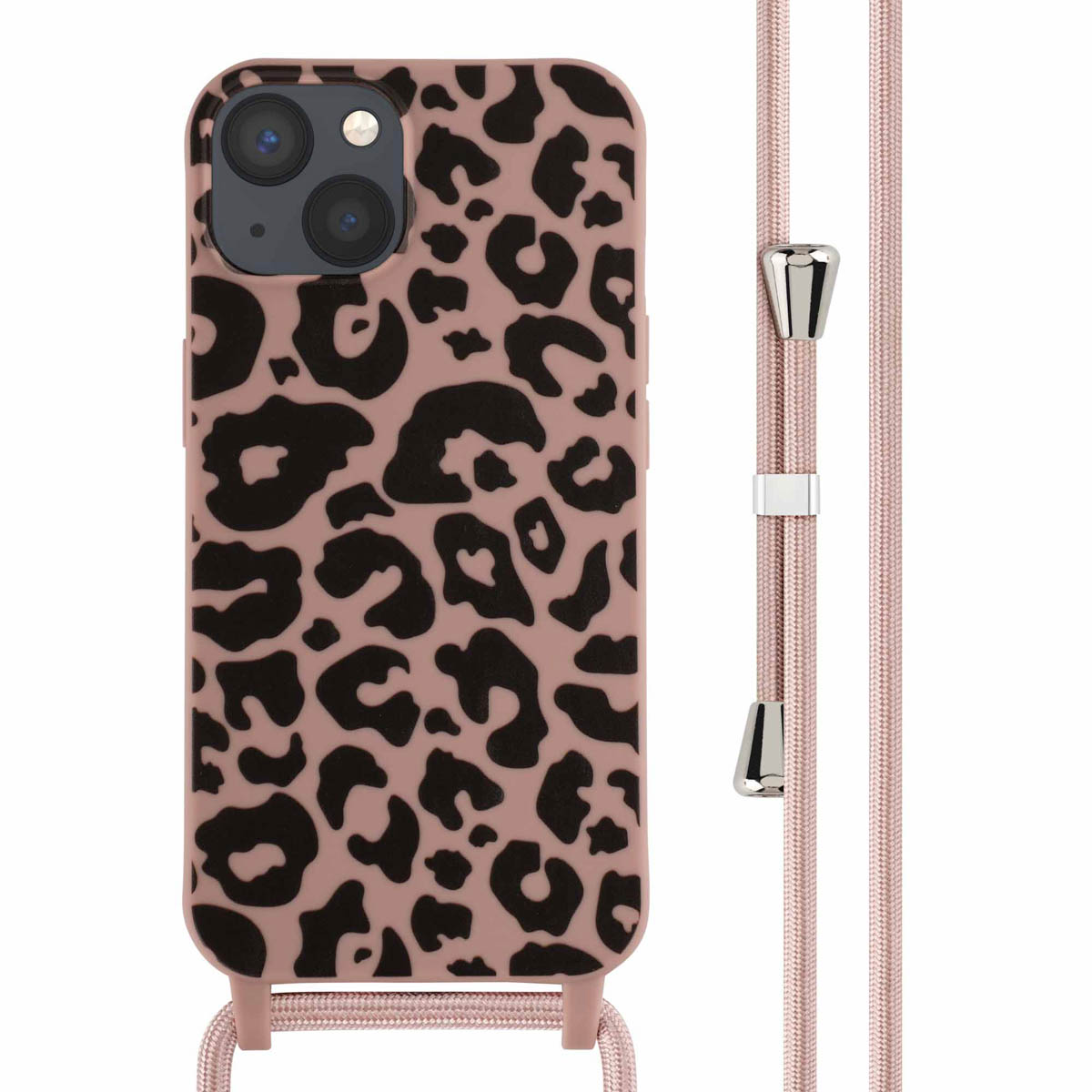 Roze telefoonhoes met een luipaardprint en een roze band.