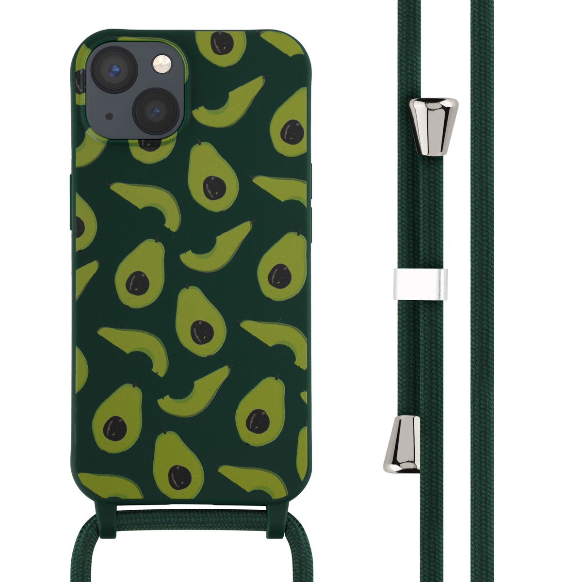 Groene telefoonhoes met avocadopatroon en groene band.