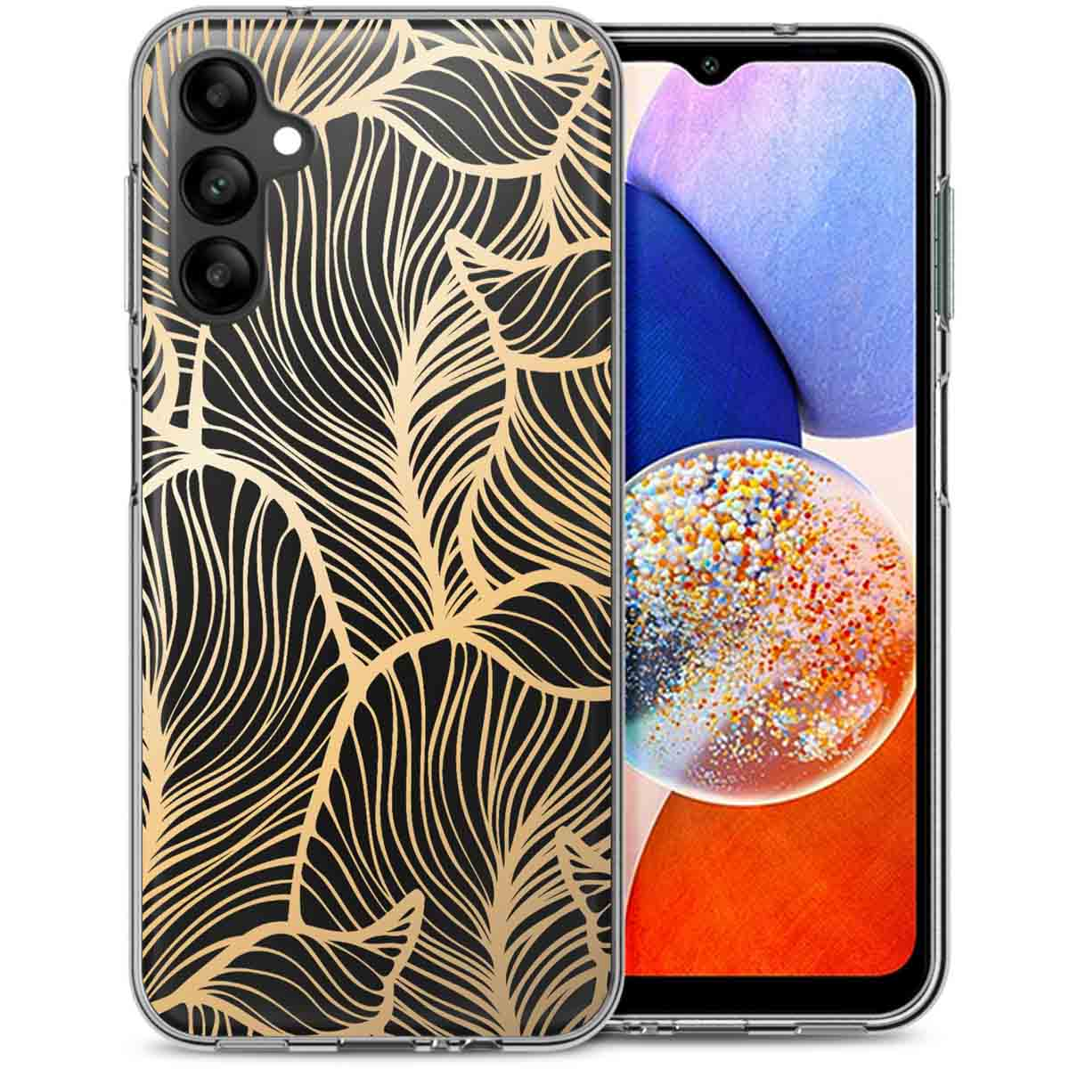 Coque noire avec motif de feuilles d'or et téléphone. Le téléphone montre un design abstrait coloré.