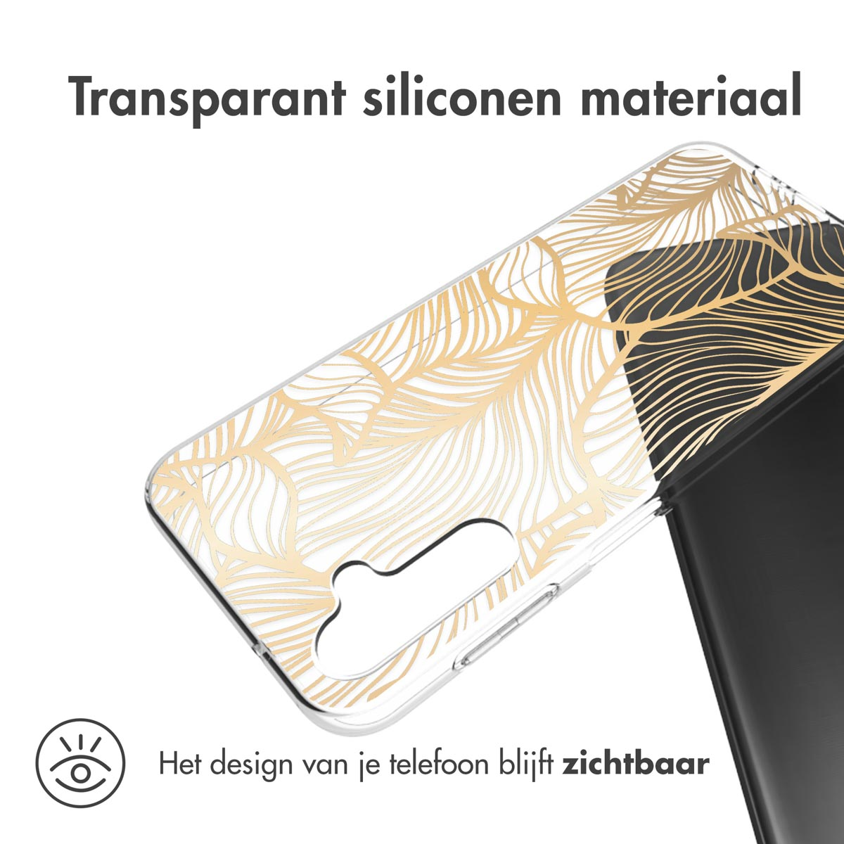 Coque de téléphone transparente avec un motif de feuilles dorées. Téléphone noir visible à l'intérieur.