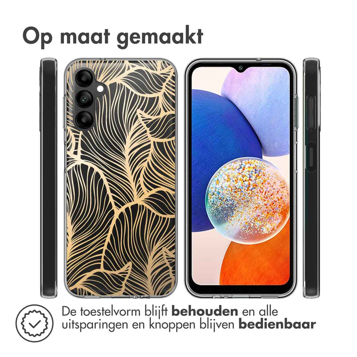 Coque de téléphone avec un motif de feuilles d'or. Trois vues : avant, arrière et côté. La coque s'adapte parfaitement au téléphone.