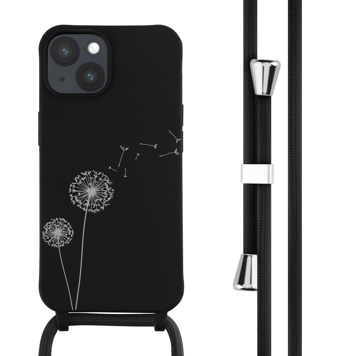 Schwarze Handyhülle mit Pusteblumen-Design und schwarzem Band. Weißer Hintergrund.