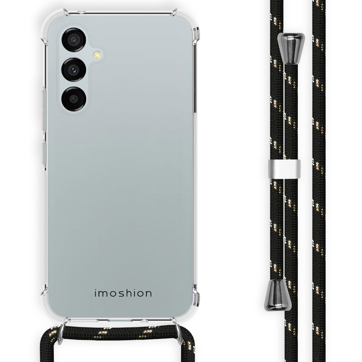 Transparant telefoonhoesje met telefoon en een bandje. Het bandje is zwart met gouden accenten.
