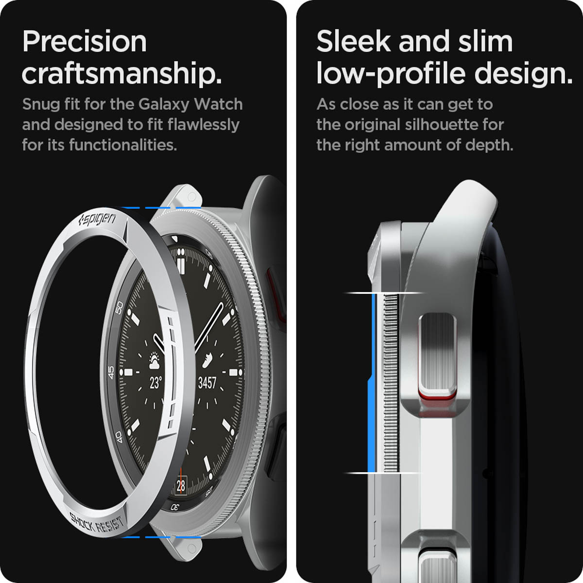 Smartwatch met zilveren frame en beschermhoes, precisie vakmanschap.