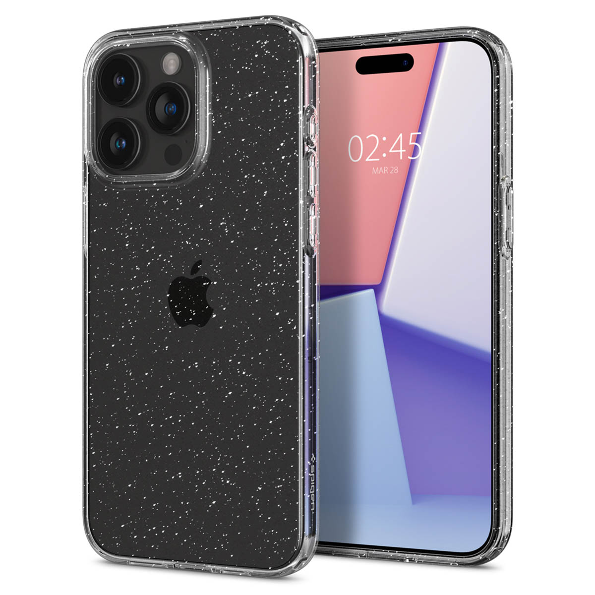 Zwarte telefoonhoes met sprankeleffect, telefoon erin. Apple logo zichtbaar.