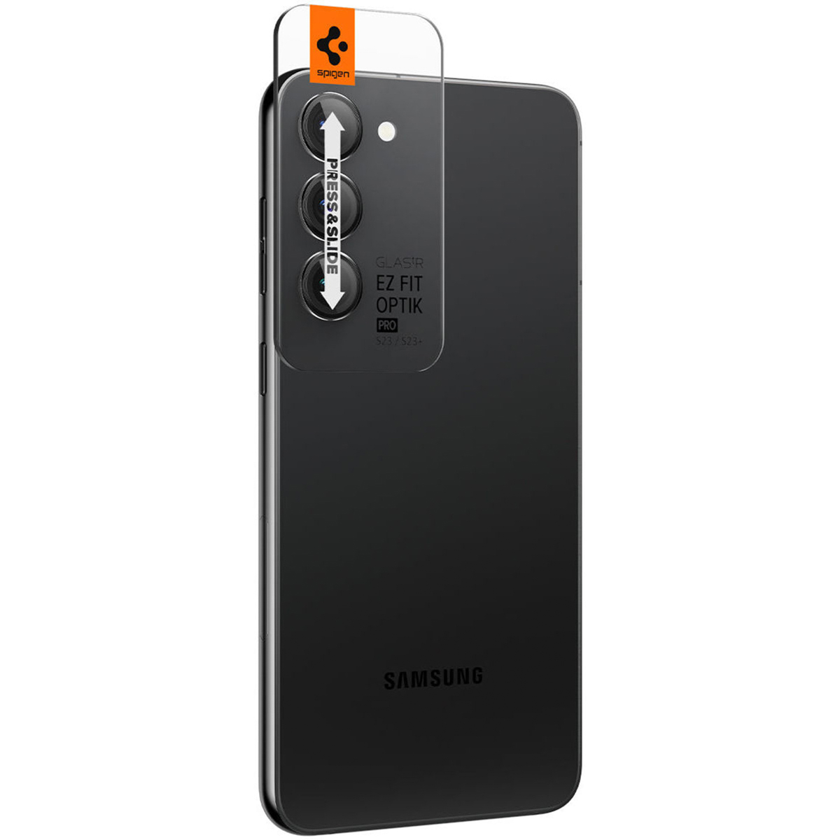 Black phone with a screen protector application guide. Protector has the Spigen logo.