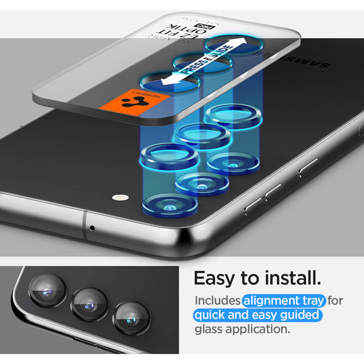 Phone with screen protector and text: Easy to install, includes alignment tray.
