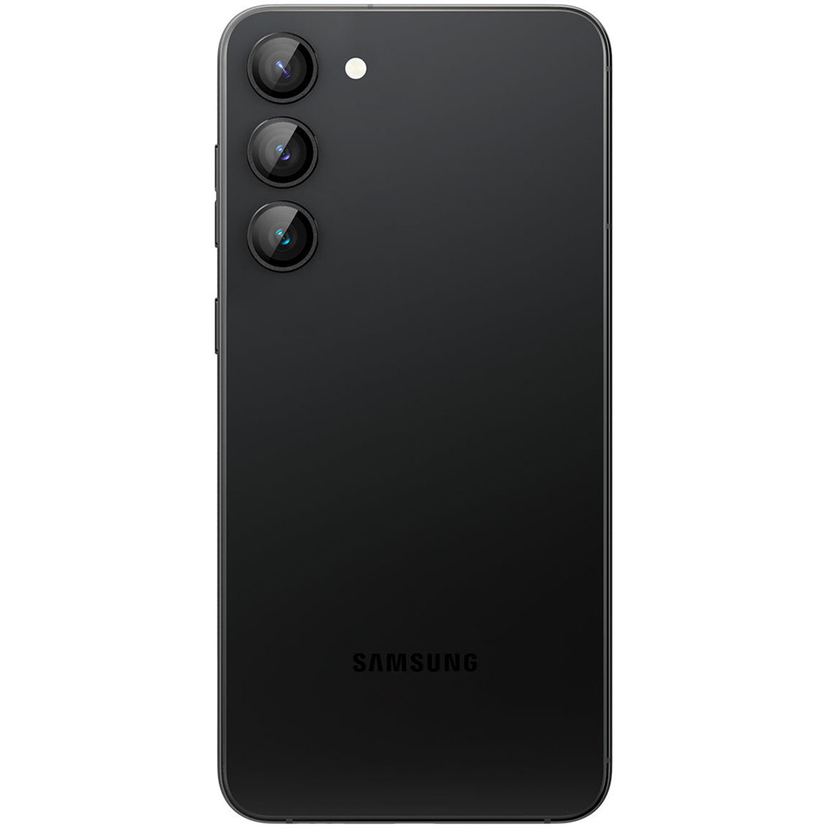 Black phone, back view. Three camera lenses, a flash, and SAMSUNG logo on the bottom.