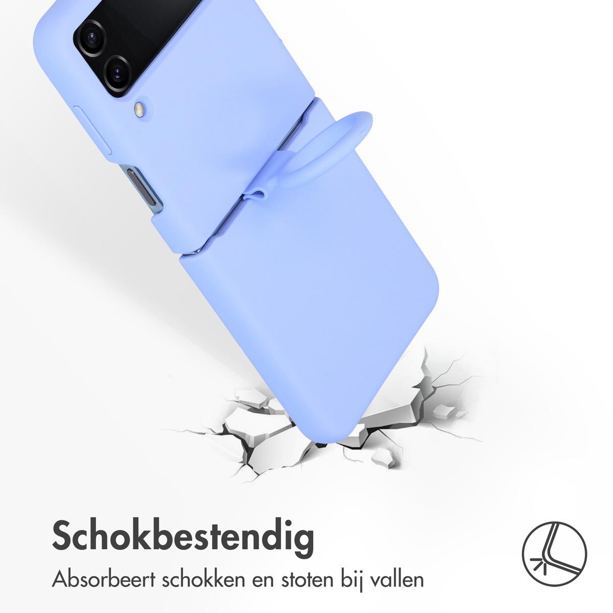 Eine blaue Handyhülle mit Telefon. Das Telefon ist offen. Text: stoßfest.