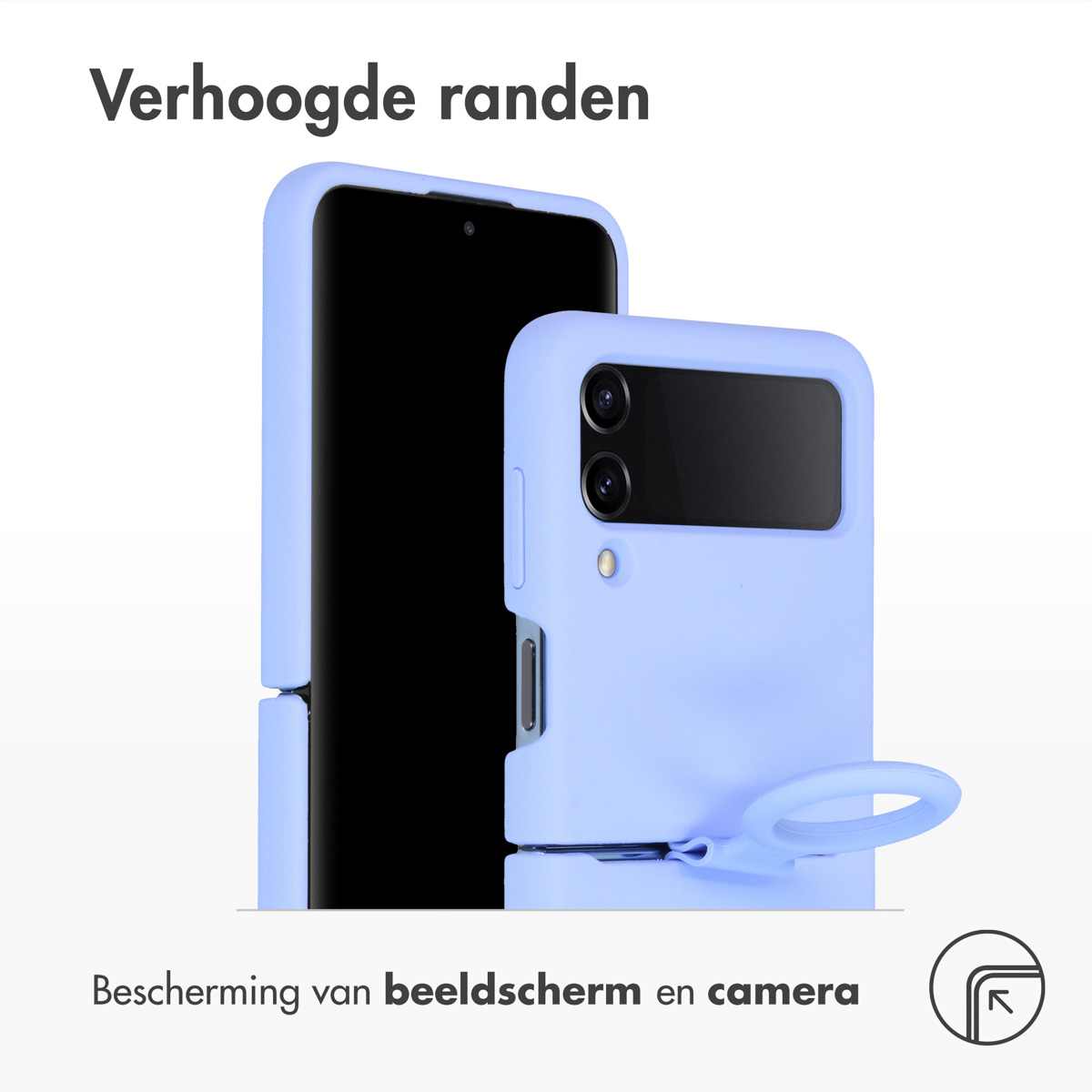 Hellblaue Handyhülle mit Telefon und Ring. Text weist auf Schutz für Bildschirm und Kamera hin.