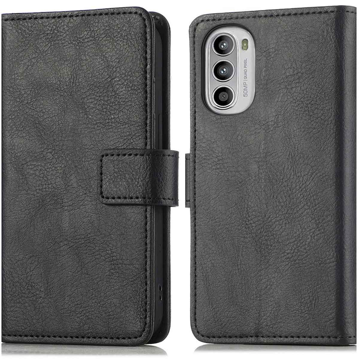 Zwarte leren telefoonhoes, gesloten en open, met een telefoon. Het heeft een magnetische sluiting.